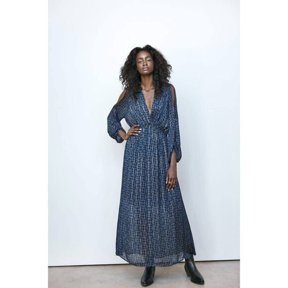 Rabens Saloner V Neck Long Sleeve Shoulder Cutout Maxi Dress EMMY In Navy/black - Picture 1 of 9